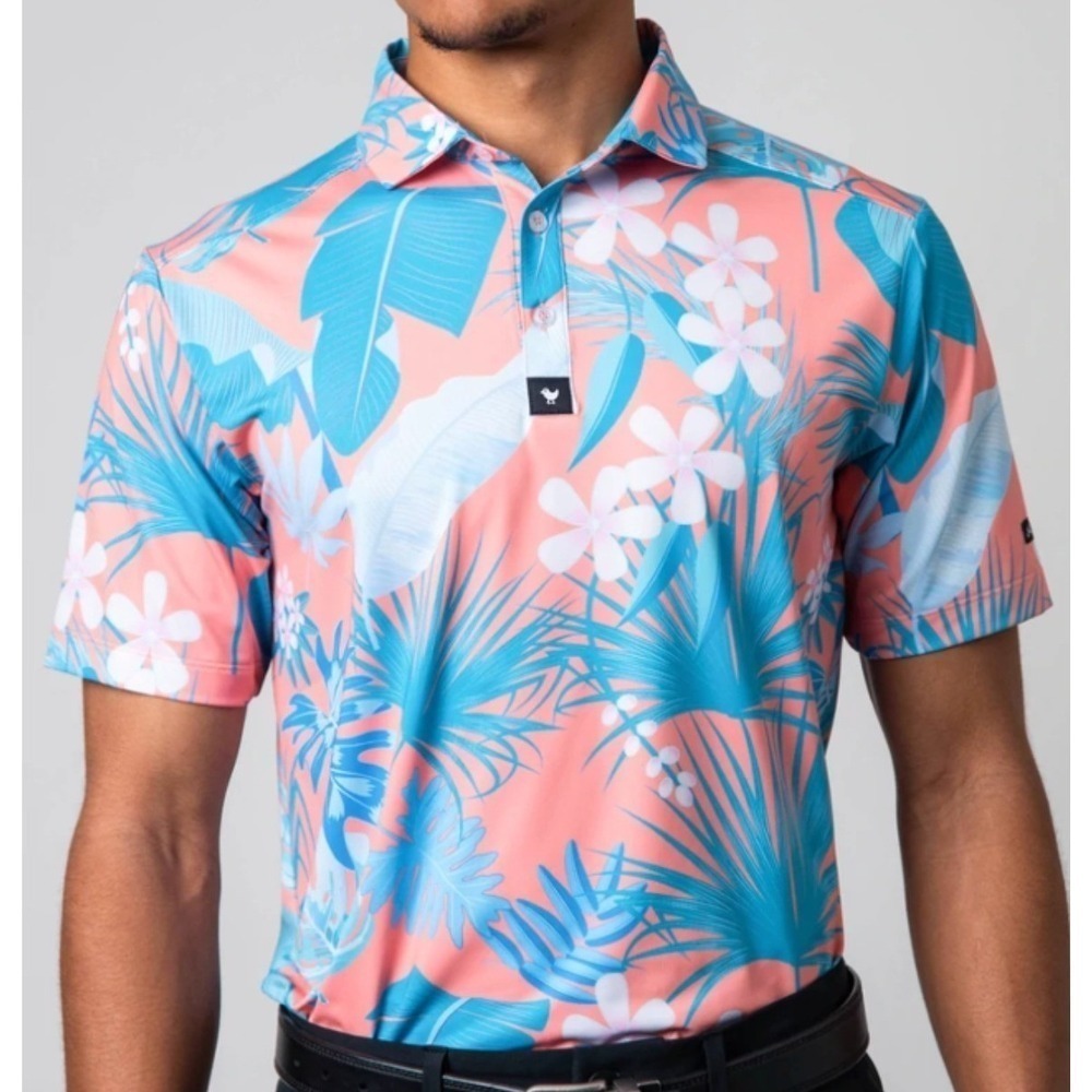 Bad Birdie Golf Polo Men Size Large Coral Blue Floral Tropical Performance Shirt